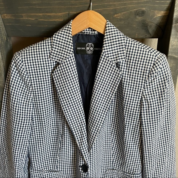 HIPCHIK COUTURE Gingham Glitter Butterfly Print Blazer Blue White Size 6 - Picture 3 of 16